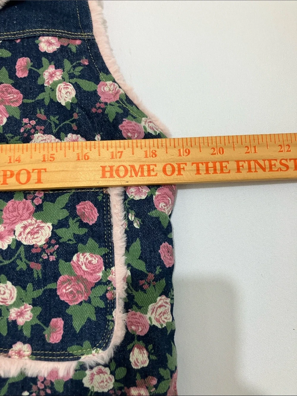 Girls Floral Denim Vest with Pink Faux-Fur Trim